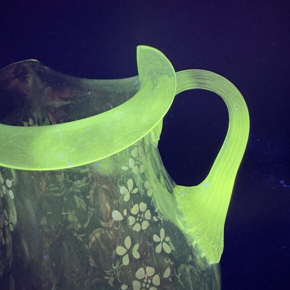Antique Enameled Glass Pitcher Jug Hand Blown Optic Dot Manganese 365nm Green UV - Picture 3 of 16